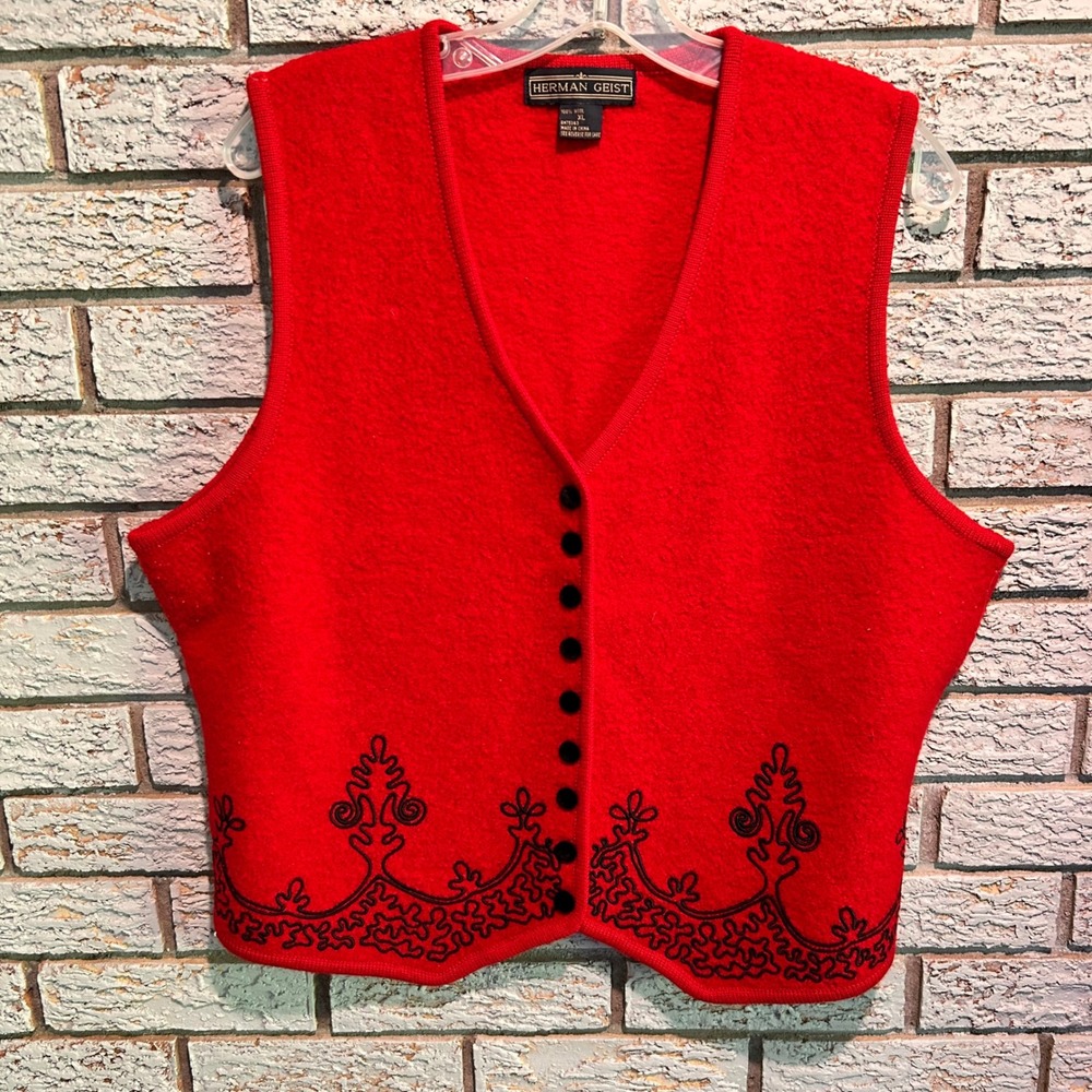Herman Geist Red 100% Wool Embroidered Button Front Vest Womens XL Vintage